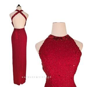 Vintage Cache Prom Dress Maxi Gown Red XS Glam Silk Bead 90s Y2K Pageant Classic